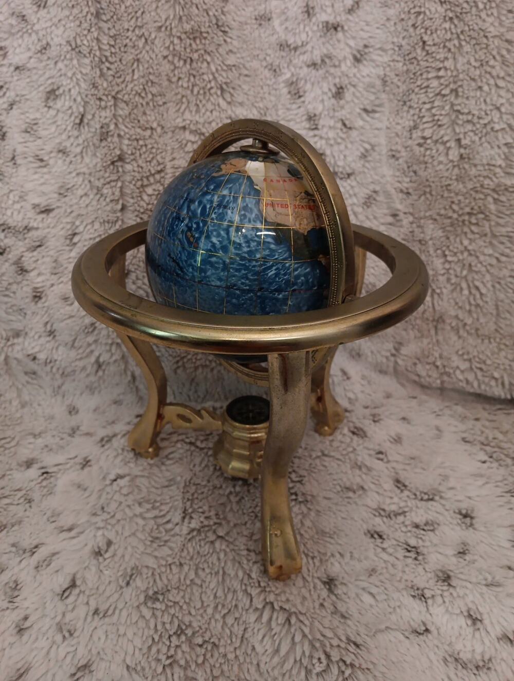 Gemstone Inlay Tabletop World Globe With Brass Frame & Compass 9" Tall